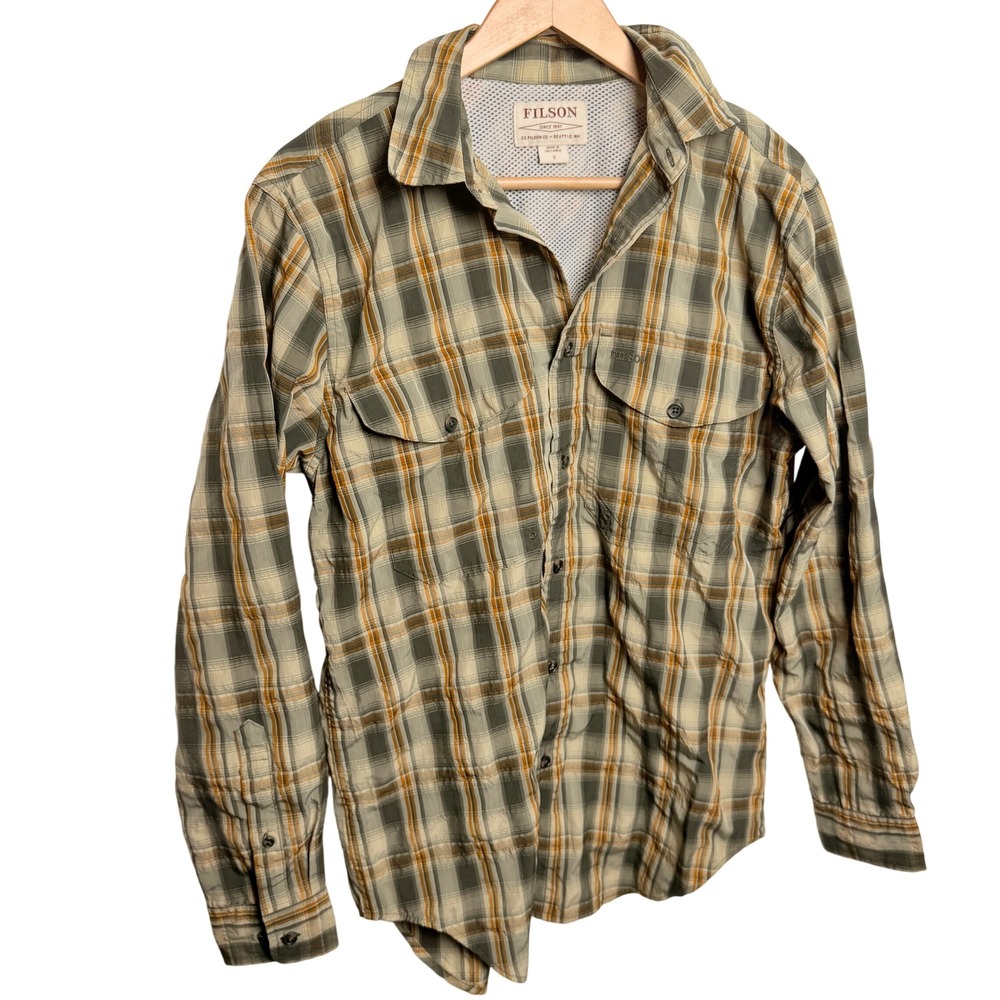 Filson Twin Lakes Sport Shirt Vented Plaid S Tan Green Hiking Fishing Gorp Work
